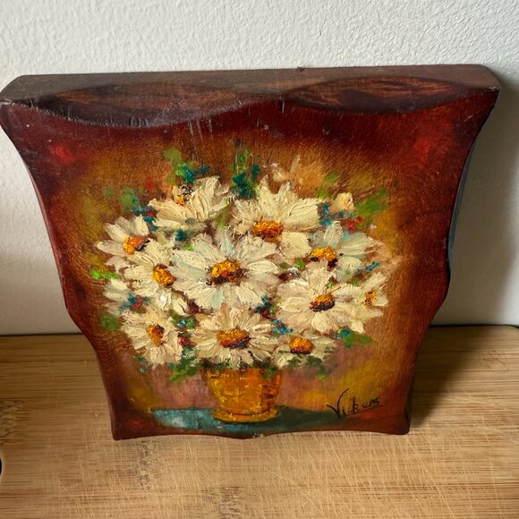 Vintage Mary Vickers Oil Painting on Wood Plaque White Daisy Floral Still Life - Picture 3 of 8
